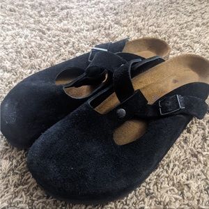 Birkenstock Clogs Black Suede Soft Footbed Mules EUC